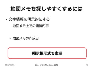 2016/08/06 State of the Map Japan 2016 18
地図メモを探しやすくするには
●
文字情報を明示的にする
– 地図メモ上での議論内容
– 地図メモの作成日
掲示板形式で表示
 