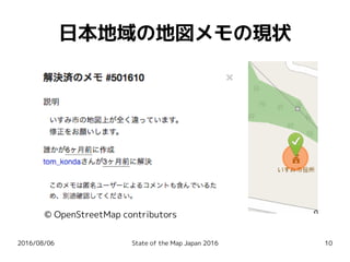 2016/08/06 State of the Map Japan 2016 10
日本地域の地図メモの現状
© OpenStreetMap contributors
 