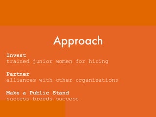 GNOME
Invest
trained junior women for hiring
Partner
alliances with other organizations
Make a Public Stand
success breeds success
Approach
 