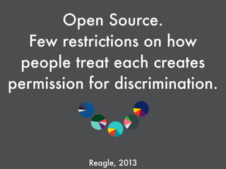Reagle, 2013
Open Source.
Few restrictions on how
people treat each creates
permission for discrimination.
 