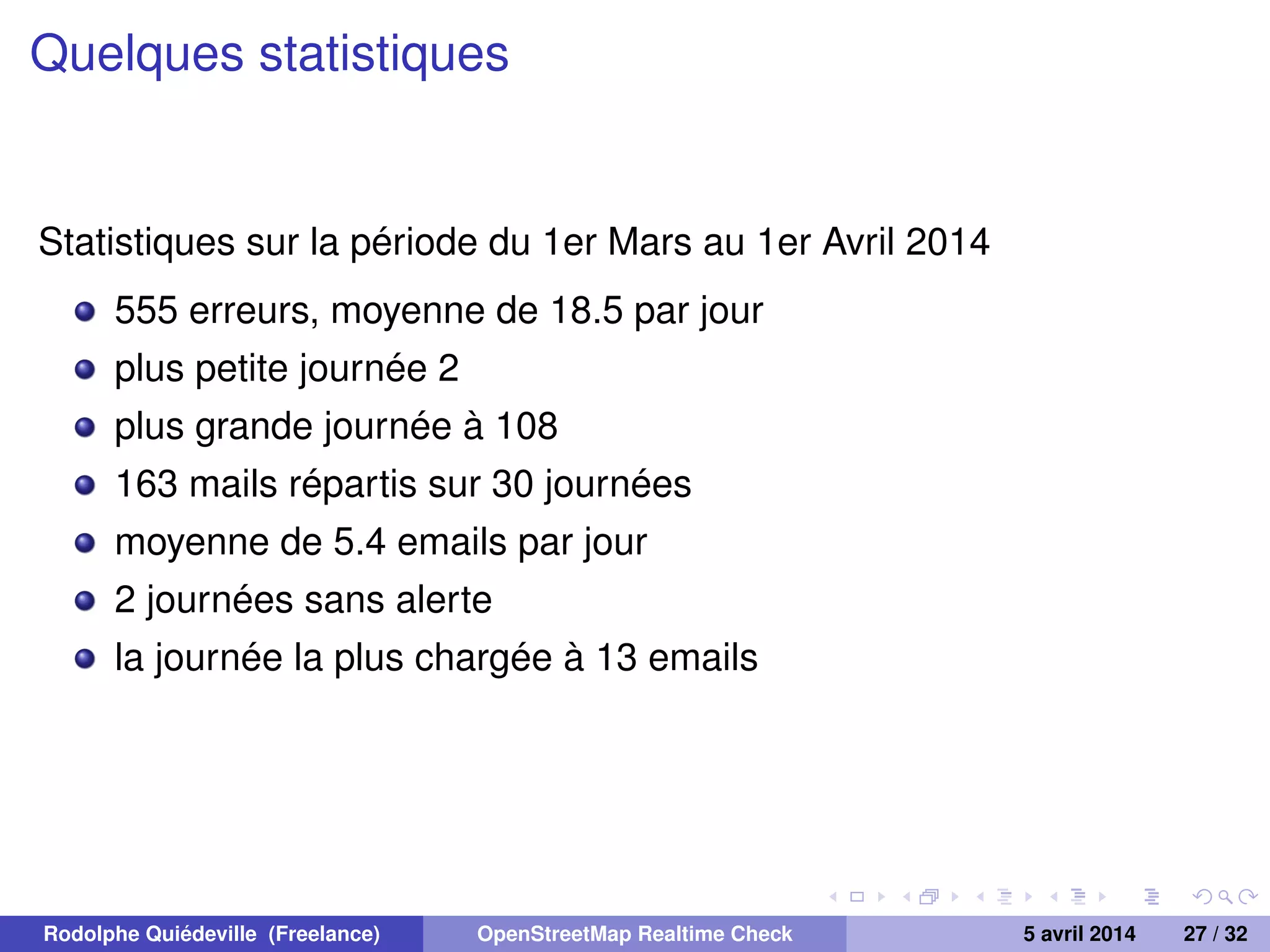 Quelques statistiques
Statistiques sur la période du 1er Mars au 1er Avril 2014
555 erreurs, moyenne de 18.5 par jour
plus petite journée 2
plus grande journée à 108
163 mails répartis sur 30 journées
moyenne de 5.4 emails par jour
2 journées sans alerte
la journée la plus chargée à 13 emails
Rodolphe Quiédeville (Freelance) OpenStreetMap Realtime Check 5 avril 2014 27 / 32
 