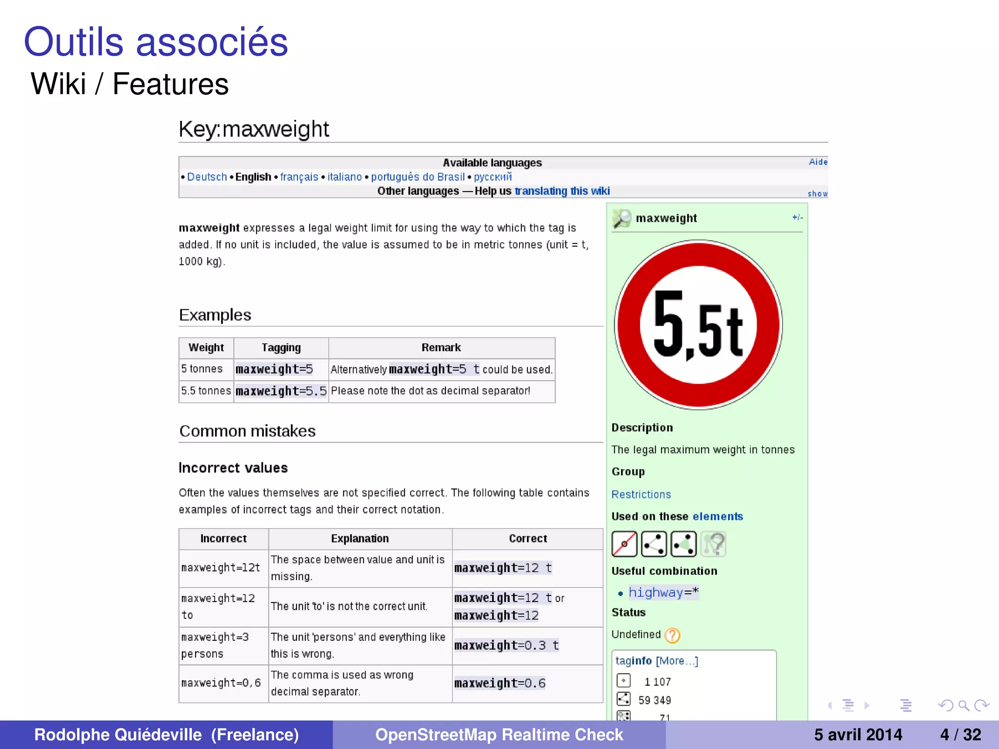 Outils associés
Wiki / Features
Rodolphe Quiédeville (Freelance) OpenStreetMap Realtime Check 5 avril 2014 4 / 32
 