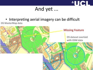 And yet ...Interpreting aerial imagery can be difficultOS MasterMap dataMissing FeatureOS dataset overlaid with OSM data