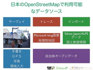 日本のOpenStreetMapで利用可能 
なデータソース 
サーヴェイトレースインポート 
手書き 
ＧＰＳ 
写真 
現地入力 
Microsoft bing画像 
地理院地図 
Yahoo Japan/ALPS 
データ 
国土数値情報 
自治体オープンデータ 
 