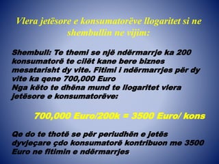 Vlera jetësore e konsumatorëve llogaritet si ne
shembullin ne vijim:
Shembull: Te themi se një ndërmarrje ka 200
konsumatorë te cilët kane bere biznes
mesatarisht dy vite. Fitimi i ndërmarrjes për dy
vite ka qene 700,000 Euro
Nga këto te dhëna mund te llogaritet vlera
jetësore e konsumatorëve:
700,000 Euro/200k = 3500 Euro/ kons
Qe do te thotë se për periudhën e jetës
dyvjeçare çdo konsumatorë kontribuon me 3500
Euro ne fitimin e ndërmarrjes.
 