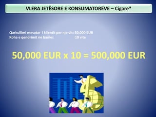 Qarkullimi mesatar i klientit per nje vit: 50,000 EUR
Koha e qendrimit ne banke: 10 vite
50,000 EUR x 10 = 500,000 EUR
VLERA JETËSORE E KONSUMATORËVE – Cigare*
 