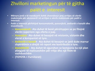 Zhvilloni marketingun për të gjitha
palët e interesit
• Mënyra jonë e të menduarit është zhvendosur prej arritjes së vlerës
maksimale për aksionarët në arritjen e vlerës maksimale për palët e
interesit.
• Palët e interesit përfshijnë konsumatorët, punonjësit, anëtarët e kanalit dhe
investitorët.
– Konsumatorët: Ata duhet të kenë përshtypjen se po fitojnë
vlerën superiore nga oferta e juaj.
– Punonjësit: Ata duhet të besojnë në misionin, vizionin dhe
vlerat e kompanisë së tyre.
– Anëtarët e kanalit: Ata duhet të besojnë se janë duke marrur
shpërblimin e drejtë në raport me kontributin e tyre.
– Investitorët: Ata duhet të sigurohen se kompania ka një plan
afatgjatë të realizueshëm për rritje dhe një fitim të
vazhdueshëm
– (TOYOTA + Furnitoret)
 