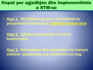 Hapat per zgjedhjen dhe implementimin
e STM-se
• Hapi 1. Identifikoni grupin e mundshem te
perparesive konkuruese: Dallimet konkurruese
Hapi 2. Zgjidhni perparesite e verteta
konkurruese.
Hapi 3. Komunikoni dhe shperndani ne menyre
efektive perparesite per pozicionim ne treg.
 