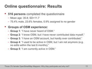 Those 3% female OpenStreetMap Mappers: Why they participate and why not? 13
Online questionnaire: Results
 516 persons completed the questionnaire
− Mean age: 35.8; SD=11.7
− 75.4% male, 23.6% females, 0.9% assigned to no gender
 Groups of OSM experience:
− Group 1: “I have never heard of OSM.”
− Group 2: “I know OSM, but I have never contributed data myself.”
− Group 3: “I have an OSM account, but hardly ever contributed.”
− Group 4: “I used to be active in OSM, but I am not anymore (e.g.
no edits within the last 6 months).”
− Group 5: “I am currently active in OSM.”
 