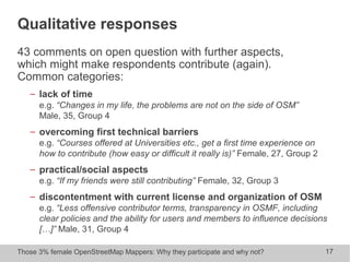 Those 3% female OpenStreetMap Mappers: Why they participate and why not? 17
Qualitative responses
43 comments on open question with further aspects,
which might make respondents contribute (again).
Common categories:
− lack of time
e.g. “Changes in my life, the problems are not on the side of OSM”
Male, 35, Group 4
− overcoming first technical barriers
e.g. “Courses offered at Universities etc., get a first time experience on
how to contribute (how easy or difficult it really is)” Female, 27, Group 2
− practical/social aspects
e.g. “If my friends were still contributing” Female, 32, Group 3
− discontentment with current license and organization of OSM
e.g. “Less offensive contributor terms, transparency in OSMF, including
clear policies and the ability for users and members to influence decisions
[…]” Male, 31, Group 4
 