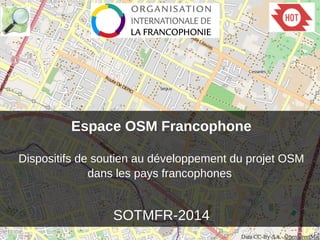 Espace OSM Francophone
Dispositifs de soutien au développement du projet OSM
dans les pays francophones
SOTMFR-2014
 