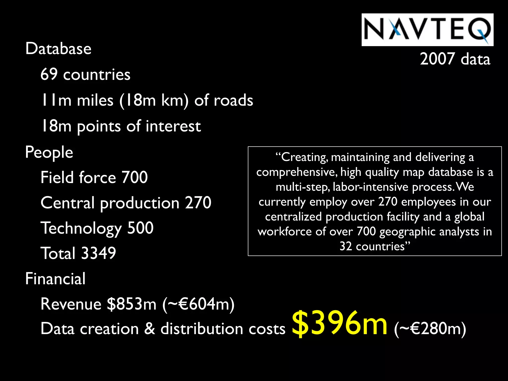 Database
                                                                2007 data
  69 countries
  11m miles (18m km) of roads
  18m points of interest
People                             “Creating, maintaining and delivering a
                                comprehensive, high quality map database is a
  Field force 700                  multi-step, labor-intensive process. We
  Central production 270        currently employ over 270 employees in our
                                 centralized production facility and a global
  Technology 500                workforce of over 700 geographic analysts in
                                                 32 countries”
  Total 3349
Financial
  Revenue $853m (~€604m)
  Data creation & distribution costs       $396m           (~€280m)
 