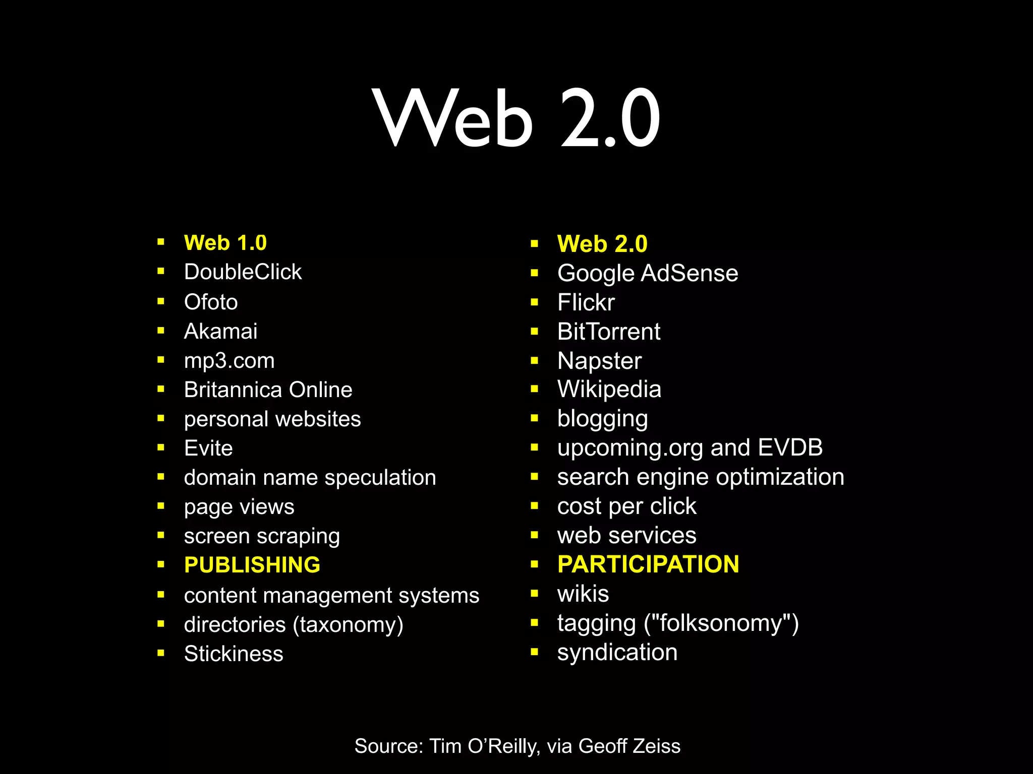Web 2.0
   Web 1.0                             Web 2.0
   DoubleClick                         Google AdSense
   Ofoto                               Flickr
   Akamai                              BitTorrent
   mp3.com                             Napster
   Britannica Online                   Wikipedia
   personal websites                   blogging
   Evite                               upcoming.org and EVDB
   domain name speculation             search engine optimization
   page views                          cost per click
   screen scraping                     web services
   PUBLISHING                          PARTICIPATION
   content management systems          wikis
   directories (taxonomy)              tagging ("folksonomy")
   Stickiness                          syndication


                  Source: Tim O’Reilly, via Geoff Zeiss
 