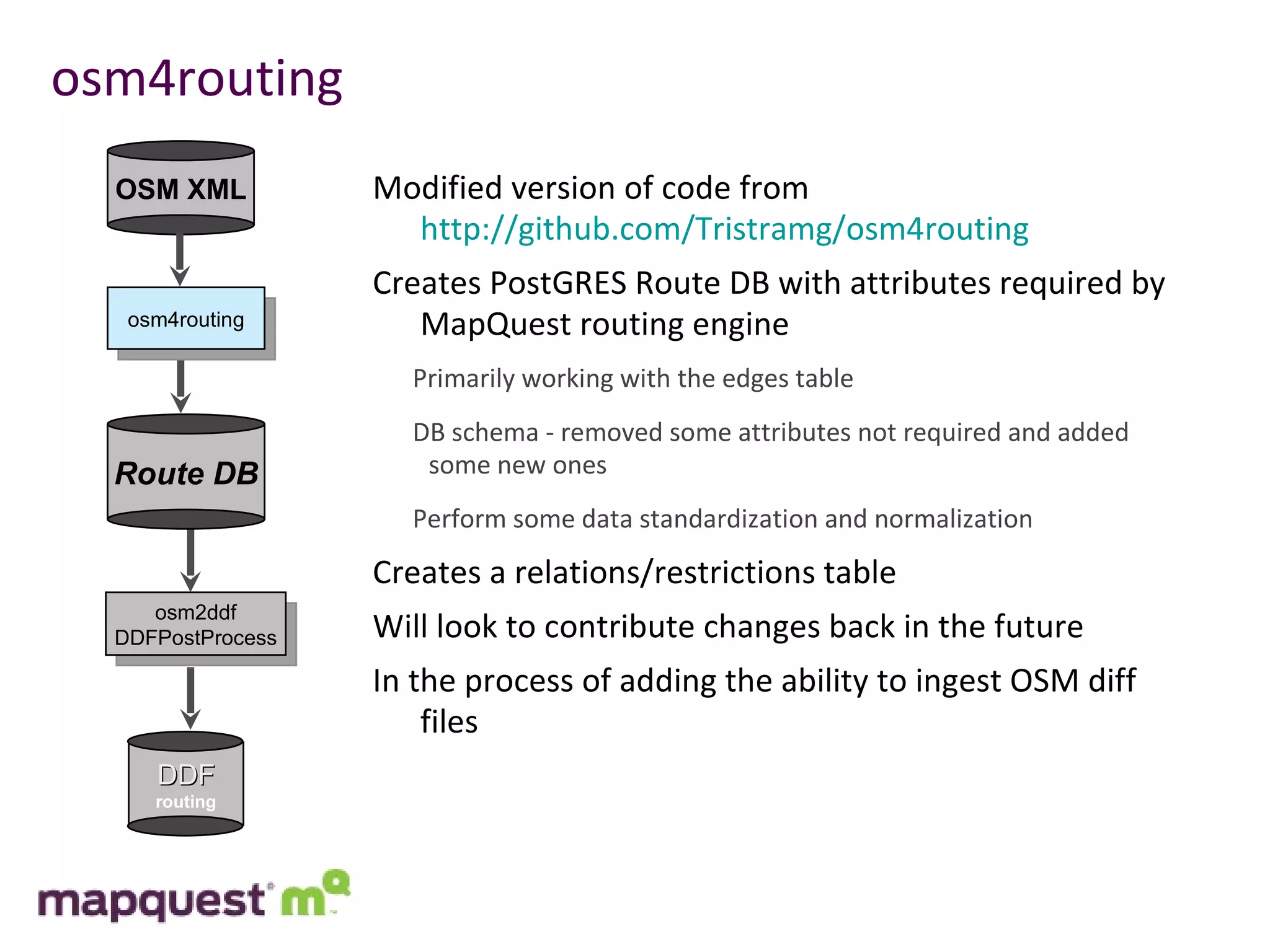 osm4routing Modified version of code from  http://github.com/Tristramg/osm4routing Creates PostGRES Route DB with attributes required by MapQuest routing engine Primarily working with the edges table DB schema - removed some attributes not required and added some new ones Perform some data standardization and normalization Creates a relations/restrictions table Will look to contribute changes back in the future In the process of adding the ability to ingest OSM diff files osm4routing OSM XML Route DB osm2ddf DDFPostProcess DDF routing 