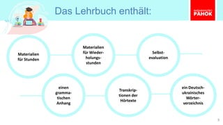 Das Lehrbuch enthält:
9
Materialien
für Stunden
Selbst-
evaluation
Materialien
für Wieder-
holungs-
stunden
einen
gramma-
tischen
Anhang
Transkrip-
tionen der
Hörtexte
ein Deutsch-
ukrainisches
Wörter-
verzeichnis
 