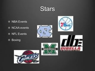 Stars
NBA Events
NCAA events
NFL Events
Boxing

 