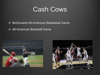 Cash Cows
McDonalds All-American Basketball Game
All-American Baseball Game

 