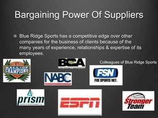 Bargaining Power Of Suppliers
Blue Ridge Sports has a competitive edge over other
companies for the business of clients because of the
many years of experience, relationships & expertise of its
employees.
Colleagues of Blue Ridge Sports

 
