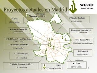 7
Proyectos actuales en Madrid
C/ F. El Santo 7 esq. C/Zurbano
(24 viviendas)
C/ Santísima Trinidad 4
(10 viviendas)
C/Antonio López
(76 viviendas)
C/ Avda. de Logroño, 142
(22 viviendas)
C/Claudio Coello, 35
(26 viviendas)
C/ Eraso
(29 viviendas)
C/ Sánchez Pacheco
(20 viviendas)
C/Lérida
(34 viviendas)
Pº Muñoz Grandes 13-15-17
(26 viviendas)
C/ Prado,10
(36 viviendas)
Urb. Buenos Aires
(66 chalets unifamiliares)
Algete
Centro Comercial
Edificios en
Manzanares el Real
 