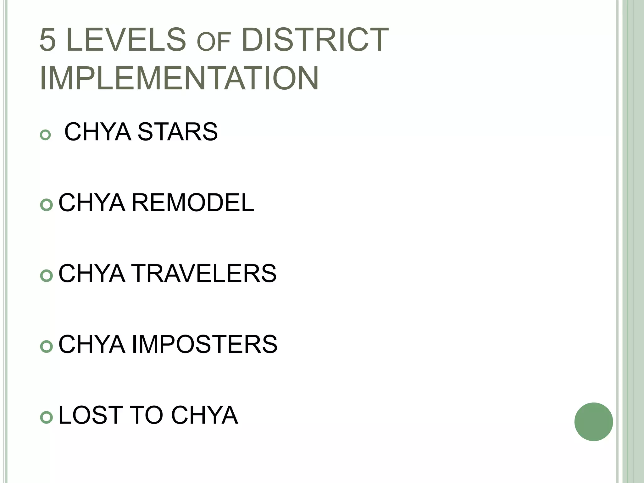 5 LEVELS OF DISTRICT
IMPLEMENTATION
 CHYA STARS
 CHYA REMODEL
 CHYA TRAVELERS
 CHYA IMPOSTERS
 LOST TO CHYA
 