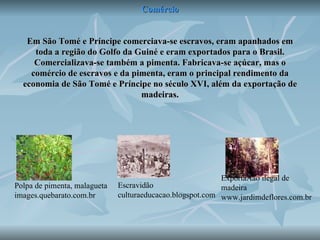 Comércio Em São Tomé e Príncipe comerciava-se escravos, eram apanhados em toda a região do Golfo da Guiné e eram exportados para o Brasil. Comercializava-se também a pimenta. Fabricava-se açúcar, mas o comércio de escravos e da pimenta, eram o principal rendimento da economia de São Tomé e Príncipe no século XVI, além da exportação de madeiras. Polpa de pimenta, malagueta  images.quebarato.com.br  Escravidão  culturaeducacao.blogspot.com  Exportação ilegal de madeira  www.jardimdeflores.com.br  