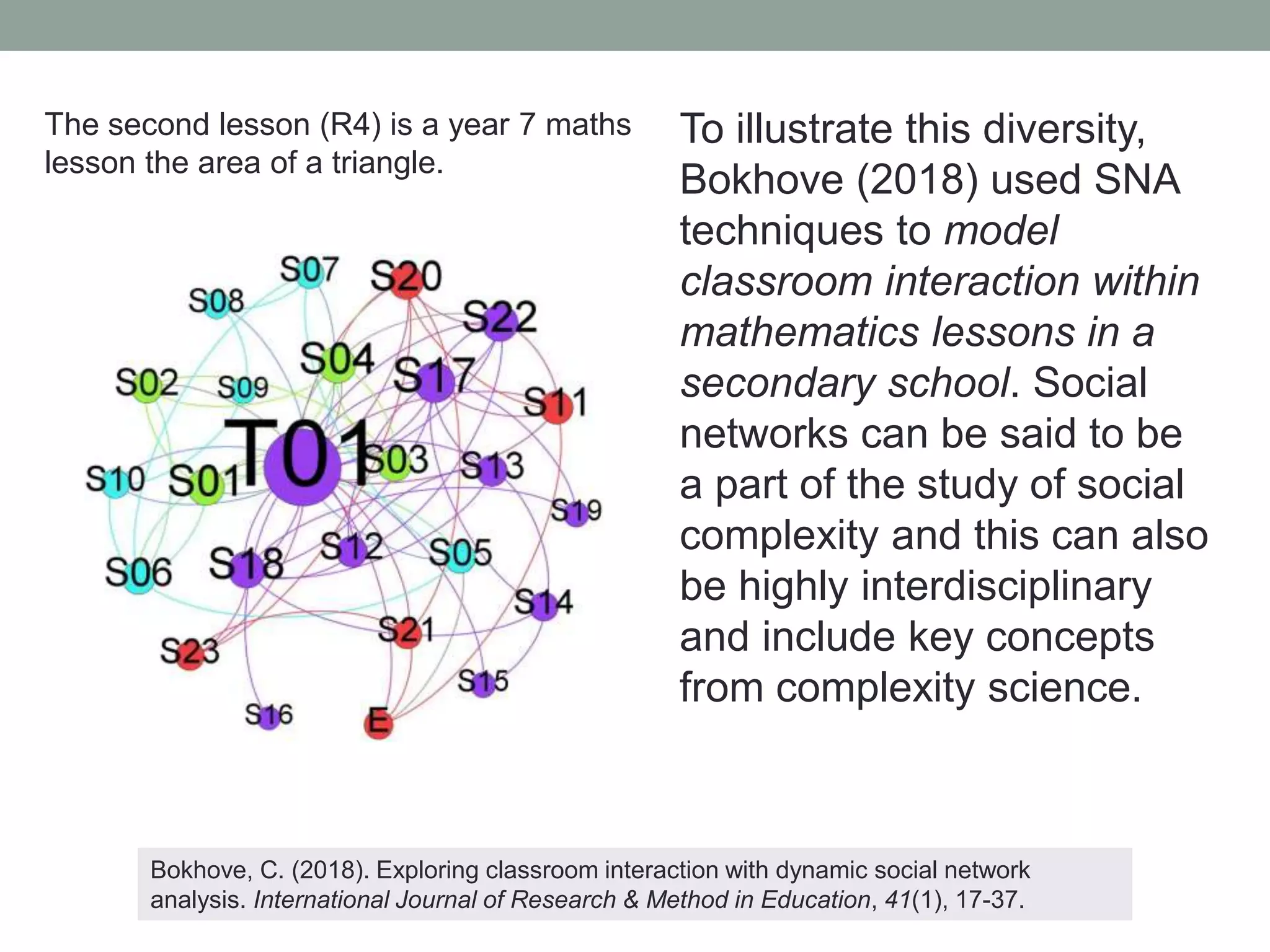 To illustrate this diversity,
Bokhove (2018) used SNA
techniques to model
classroom interaction within
mathematics lessons in a
secondary school. Social
networks can be said to be
a part of the study of social
complexity and this can also
be highly interdisciplinary
and include key concepts
from complexity science.
Bokhove, C. (2018). Exploring classroom interaction with dynamic social network
analysis. International Journal of Research & Method in Education, 41(1), 17-37.
The second lesson (R4) is a year 7 maths
lesson the area of a triangle.
 