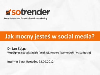 Data-­‐driven	
  fuel	
  for	
  social	
  media	
  markePng	
  




 Jak	
  mocny	
  jesteś	
  w	
  social	
  media?	
  
    Dr	
  Jan	
  Zając	
  
    Współpraca:	
  Jacek	
  Szejda	
  (analizy),	
  Hubert	
  Tworkowski	
  (wizualizacje)	
  
    	
  
    Internet	
  Beta,	
  Rzeszów,	
  28.09.2012	
  

                                                                                                 1	
  
 