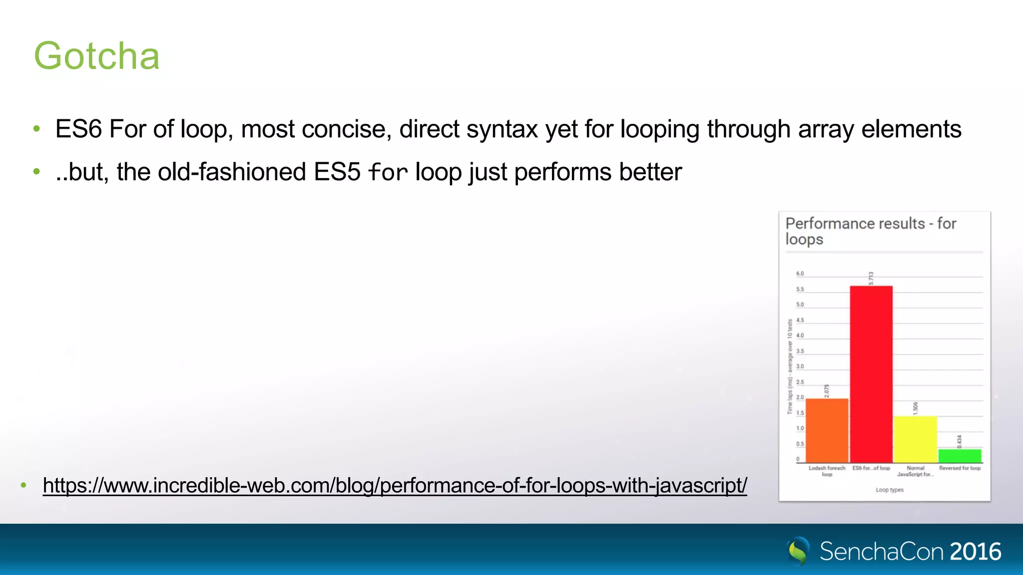 Gotcha
• ES6 For of loop, most concise, direct syntax yet for looping through array elements
• ..but, the old-fashioned ES5 for loop just performs better
• https://www.incredible-web.com/blog/performance-of-for-loops-with-javascript/
 