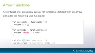Arrow Functions
Arrow functions, are a new syntax for functions, deﬁned with an arrow.
Consider the following ES5 functions:
var calculate = function(x,y){
return x + y;
}
var sayHello = function(name){
return "Hello " + name;
}
calculate(5,10); //returns: 15
sayHello('Lee'); //returns: Hello Lee
 