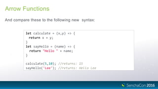 Arrow Functions
And compare these to the following new syntax:
let calculate = (x,y) => {
return x + y;
}
let sayHello = (name) => {
return "Hello " + name;
}
calculate(5,10); //returns: 15
sayHello('Lee'); //returns: Hello Lee
 