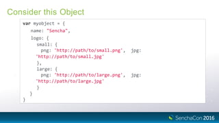 Consider this Object
var myobject = {
name: "Sencha",
logo: {
small: {
png: 'http://path/to/small.png', jpg:
'http://path/to/small.jpg'
},
large: {
png: 'http://path/to/large.png', jpg:
'http://path/to/large.jpg'
}
}
}
 