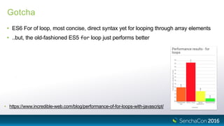 Gotcha
• ES6 For of loop, most concise, direct syntax yet for looping through array elements
• ..but, the old-fashioned ES5 for loop just performs better
• https://www.incredible-web.com/blog/performance-of-for-loops-with-javascript/
 