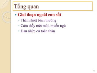  Giai đoạn ngoài cơn sốt
◦ Thân nhiệt bình thường
◦ Cảm thấy mệt mỏi, muốn ngủ
◦ Đau nhức cơ toàn thân
Tổng quan
10
 