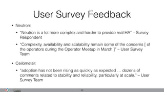 User Survey Feedback
• Neutron:
• “Neutron is a lot more complex and harder to provide real HA” – Survey
Respondent
• “Complexity, availability and scalability remain some of the concerns [ of
the operators during the Operator Meetup in March ]” – User Survey
Team
• Ceilometer:
• “adoption has not been rising as quickly as expected … dozens of
comments related to stability and reliability, particularly at scale.” – User
Survey Team
33
 