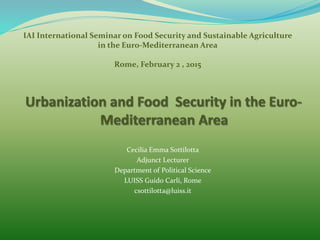 Cecilia Emma Sottilotta
Adjunct Lecturer
Department of Political Science
LUISS Guido Carli, Rome
csottilotta@luiss.it
IAI International Seminar on Food Security and Sustainable Agriculture
in the Euro-Mediterranean Area
Rome, February 2 , 2015
 
