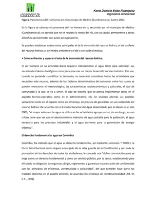 Karla Daniela Sotto Rodríguez
Ingeniera Ambiental
Figura. Panorámica del río Humea en el municipio de Medina (Cundinamarca).Castro 2002.
En la figura se observa el panorama del río Humea en su recorrido por el municipio de Medina
(Cundinamarca); se aprecia que no se respeta la ronda del río, con su caudal permanente y zonas
aledañas aprovechadas con pasto para ganadería.
Se pueden establecer cuatro retos principales el de la demanda del recurso hídrico, el de la oferta
del recurso hídrico, el del medio ambiente y el de la variación climática.
• Cómo enfrentar y superar el reto de la demanda del recurso hídrico.
El ser humano en su actividad diaria requiere intensamente el agua tanto para satisfacer sus
necesidades básicas biológicas como para procurar un mayor desarrollo socioeconómico. Por eso,
cuando se pretende cuantificar la demanda, es necesario considerar todas las actividades que
necesitan este recurso, además de los factores determinantes del consumo, entre los cuales se
pueden mencionar el meteorológico, las características socioeconómicas y culturales, el tipo de
comunidad a la que se va a servir, el tipo de sistema que se piensa implementar tanto en el
aspecto técnico-operativo como en el administrativo, etc. Se analizan además sus posibles
variaciones tanto en el espacio como en el tiempo, en procura de garantizar un uso sostenible del
recurso hídrico. De acuerdo con el Estudio Nacional del Agua desarrollado por el Ideam en el año
2000, “el mayor volumen de agua se utiliza en las actividades agropecuarias, sin embargo, su uso
crítico tiene que ver con el abastecimiento intensivo de agua potable para la población, el agua
necesaria para los procesos industriales y el agua corriente para la generación de energía
eléctrica”.
El derecho fundamental al agua en Colombia
Colombia, ha indicado que el agua es derecho fundamental, así mediante sentencia T-740/11, la
Corte Constitucional como órgano encargado de la salva guarda de la Constitución y por ende la
protección de los derechos de todos los ciudadanos, le concede una "doble connotación pues se
erige como un derecho fundamental y como un servicio público, por lo tanto, estableciendo para
el Estado la obligación de organizar, dirigir, reglamentar y garantizar su prestación de conformidad
con los principios de eficiencia, universalidad y solidaridad", del que también hace parte los
tratados descritos en el acápite anterior, de acuerdo con el bloque de constitucionalidad (Art. 93
C.P., 1991).
 