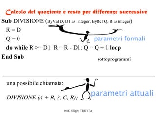 Calcolo del quoziente e resto per differenze successive
Sub DIVISIONE (ByVal D, D1 as integer; ByRef Q, R as integer)
 R=D
 Q=0                                    parametri formali
 do while R >= D1 R = R - D1: Q = Q + 1 loop
End Sub                                  sottoprogrammi



  una possibile chiamata:

  DIVISIONE (A + B, 3, C, B);
                                              parametri attuali

                            Prof. Filippo TROTTA
 