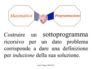 Matematica                          Programmazione




Costruire un sottoprogramma
ricorsivo per un dato problema
corrisponde a dare una definizione
per induzione della sua soluzione.
               Prof. Filippo TROTTA
 