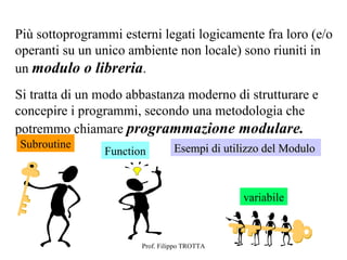 Più sottoprogrammi esterni legati logicamente fra loro (e/o
operanti su un unico ambiente non locale) sono riuniti in
un modulo o libreria.
Si tratta di un modo abbastanza moderno di strutturare e
concepire i programmi, secondo una metodologia che
potremmo chiamare programmazione modulare.
Subroutine                       Esempi di utilizzo del Modulo
                Function


                                               variabile



                       Prof. Filippo TROTTA
 
