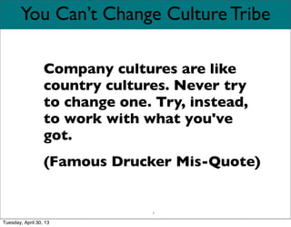 8
You Can’t Change Culture Tribe
Company cultures are like
country cultures. Never try
to change one. Try, instead,
to wor...