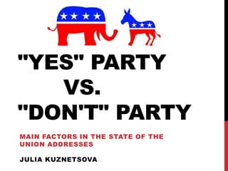 "YES" PARTY
VS.
"DON'T" PARTY
MAIN FACTORS IN THE STATE OF THE
UNION ADDRESSES
JULIA KUZNETSOVA
 
