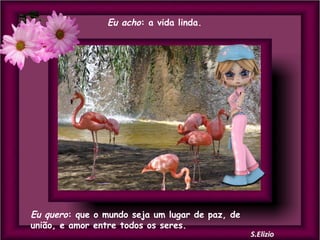 Eu acho: a vida linda.

Eu quero: que o mundo seja um lugar de paz, de
união, e amor entre todos os seres.

 