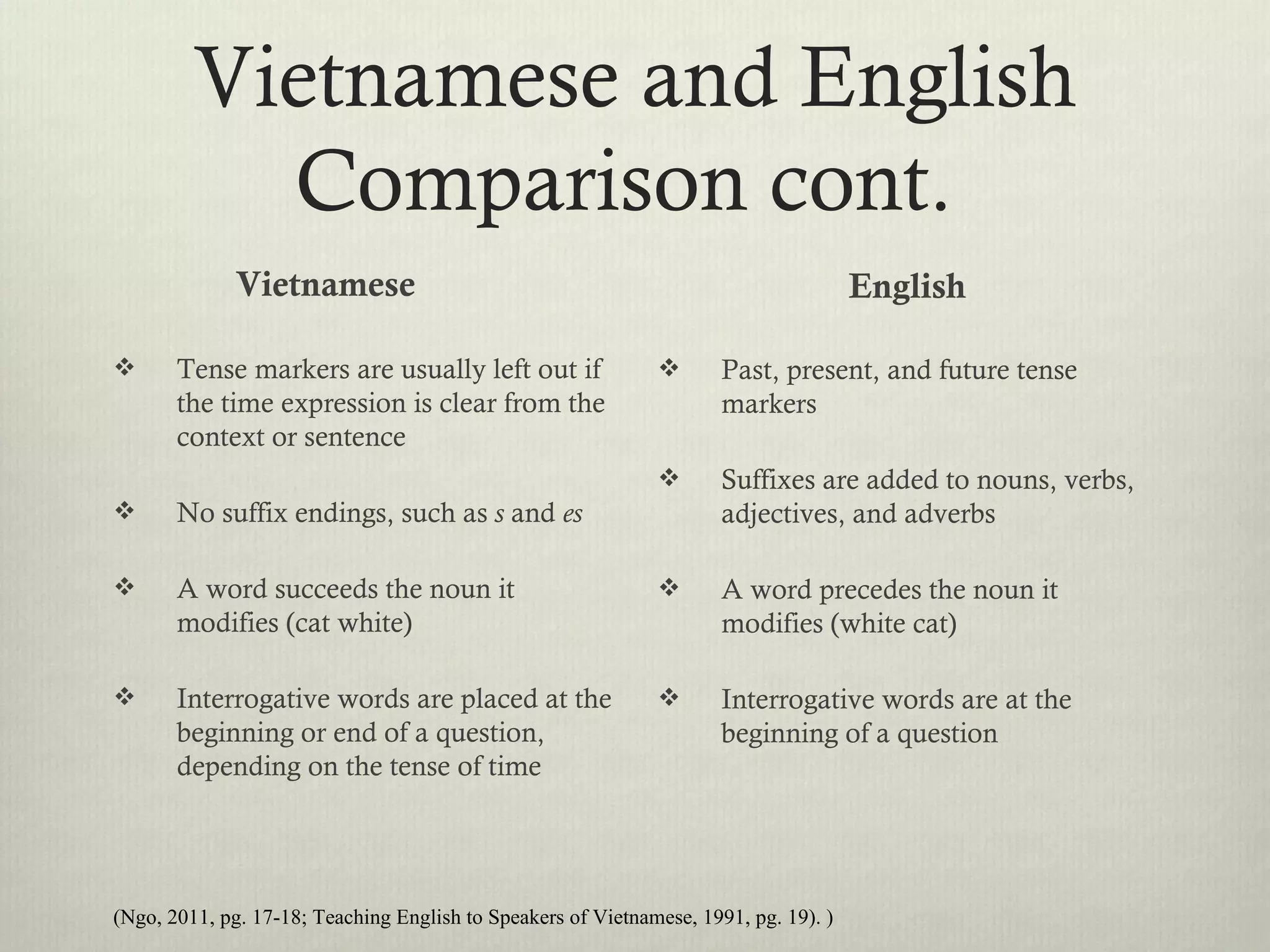 Vietnamese and English
           Comparison cont.
              Vietnamese                                                              English

      Tense markers are usually left out if                         Past, present, and future tense
       the time expression is clear from the                          markers
       context or sentence
                                                                     Suffixes are added to nouns, verbs,
      No suffix endings, such as s and es                            adjectives, and adverbs

      A word succeeds the noun it                                   A word precedes the noun it
       modifies (cat white)                                           modifies (white cat)

      Interrogative words are placed at the                         Interrogative words are at the
       beginning or end of a question,                                beginning of a question
       depending on the tense of time




(Ngo, 2011, pg. 17-18; Teaching English to Speakers of Vietnamese, 1991, pg. 19). )
 