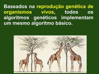 Baseados na reprodução genética de
organismos vivos, todos os
algoritmos genéticos implementam
um mesmo algoritmo básico.
 