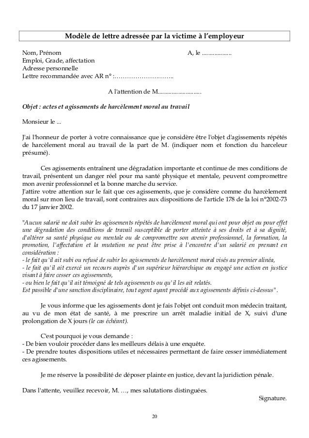 modele de lettre harcelement au travail