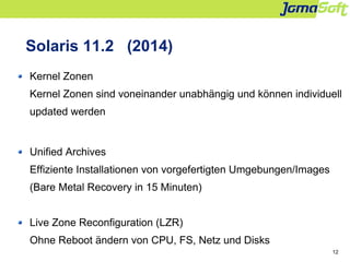 12
Solaris 11.2 (2014)
Kernel Zonen
Kernel Zonen sind voneinander unabhängig und können individuell
updated werden
Unified...