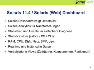 18
Solaris 11.4 / Solaris (Web) Dashboard
Solaris Dashboard zeigt Uebersicht
Solaris Analytics für Nachforschungen
Statist...