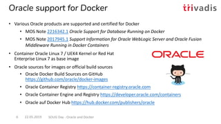 Oracle support for Docker
22.05.2019 SOUG Day - Oracle and Docker6
• Various Oracle products are supported and certified f...