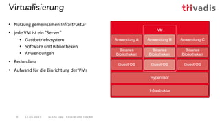 Virtualisierung
• Nutzung gemeinsamen Infrastruktur
• jede VM ist ein "Server"
• Gastbetriebssystem
• Software und Bibliotheken
• Anwendungen
• Redundanz
• Aufwand für die Einrichtung der VMs
22.05.2019 SOUG Day - Oracle und Docker9
 