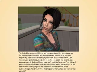 “In Rivierbloesemheuvel lijkt er wel een apocalyps. Het stormt daar zo fel, de bomen waaien zeer fel, we horen enkel donker en er bliksemt regelmatig. Veel kleine dieren zijn gestorven, puur van de schrik. Ook mensen, die geëlektrocuteerd zijn of onder een boom zijn beland, zijn gestorven en de dodental loopt maar op.” vertelde Sandrine, “het lijkt wel genoodzaakt dat iedereen moet verhuizen. Het is niet gemakkelijk: er zijn een enorme vertragingen in het openbaar vervoer en ook op de autosnelweg is het druk. Het heeft ons paar weken gekost eer we hier zijn geraakt.”